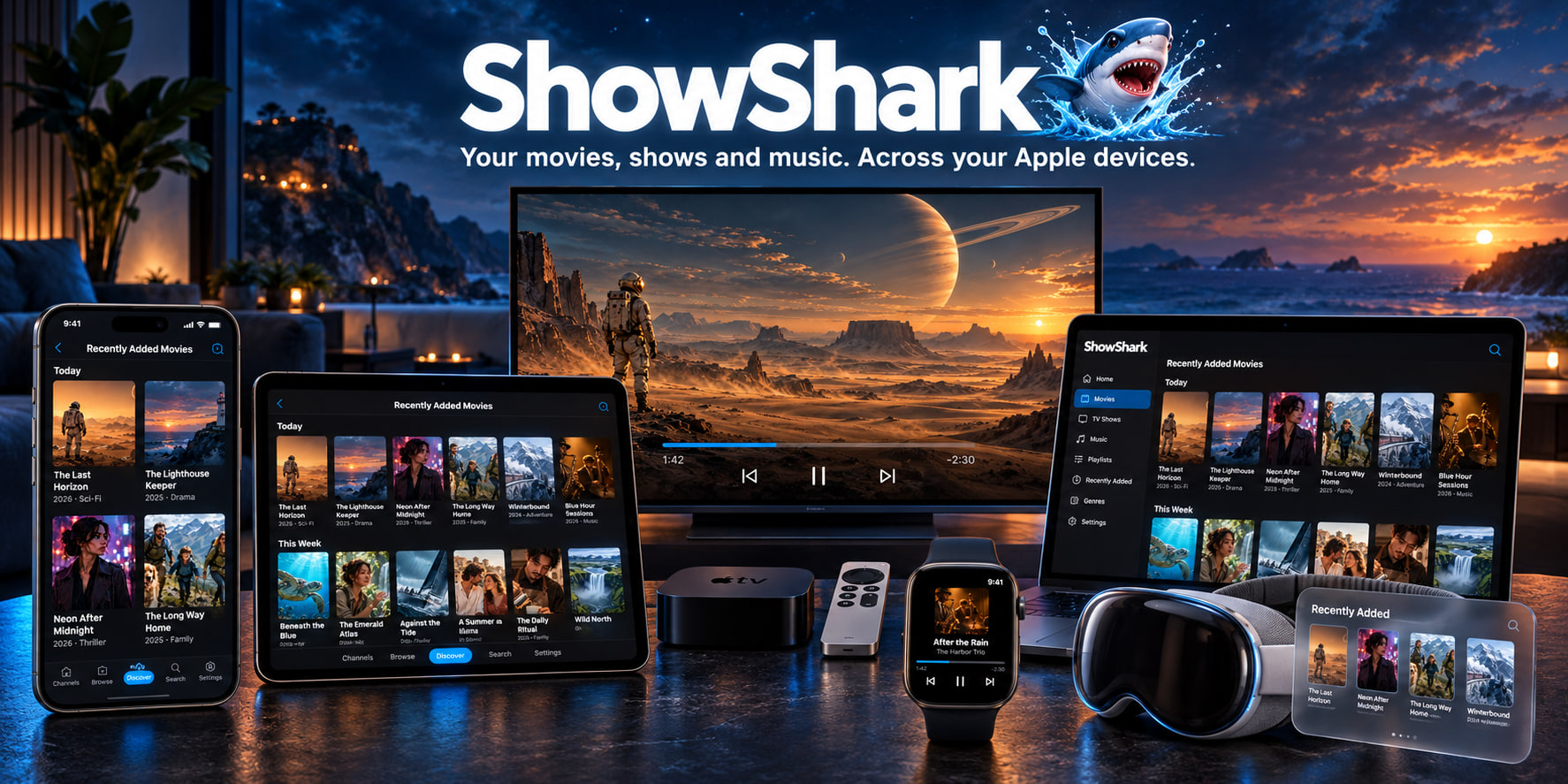 ShowShark: Your movies, shows and music. Across your Apple devices. A television plays a movie, an iPhone, iPad, MacBook, and Vision Pro window show media libraries, and an Apple Watch plays music.